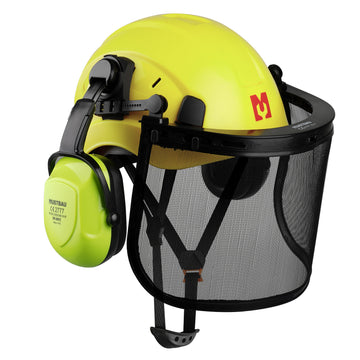 Mustbau Motorsägen-Sicherheitshelm, Schutzhelm mit Geräuschdämpfungsmuscheln und Netzvisier, verstellbar,Grün